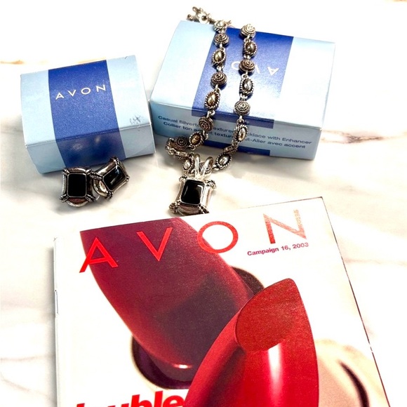 VTG Avon Textured Chain Necklace Set Black Pendant Removable Silver 2003 NIB 129 - Picture 3 of 15